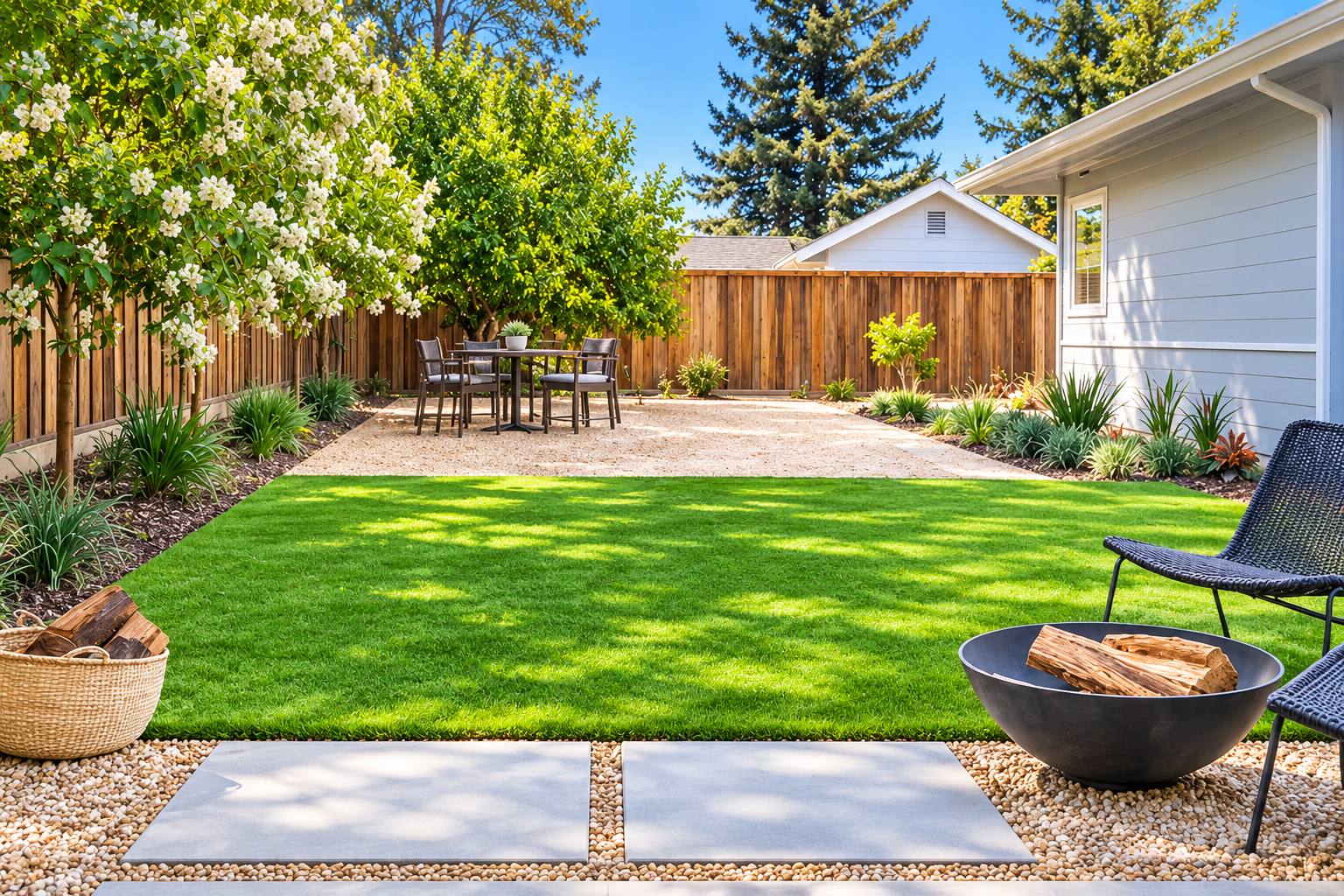Design preview of green lawn, gravel seating area, plantings, and fire bowl