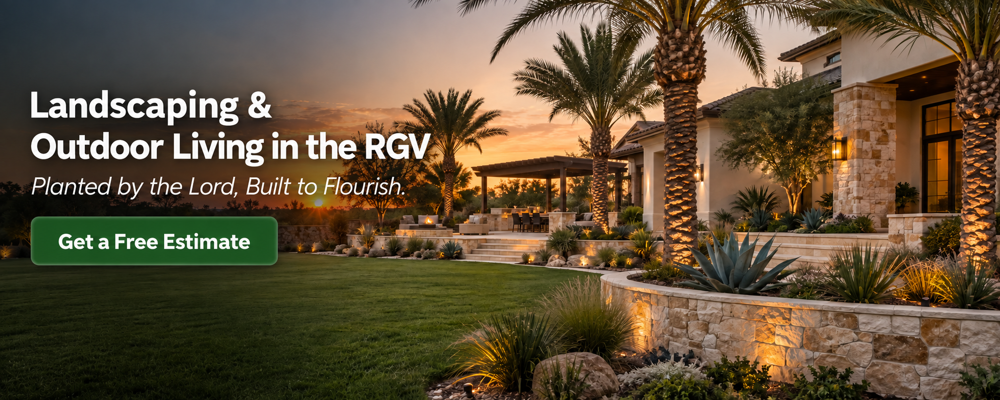 Palm trees, stone landscaping, and outdoor living space at sunset