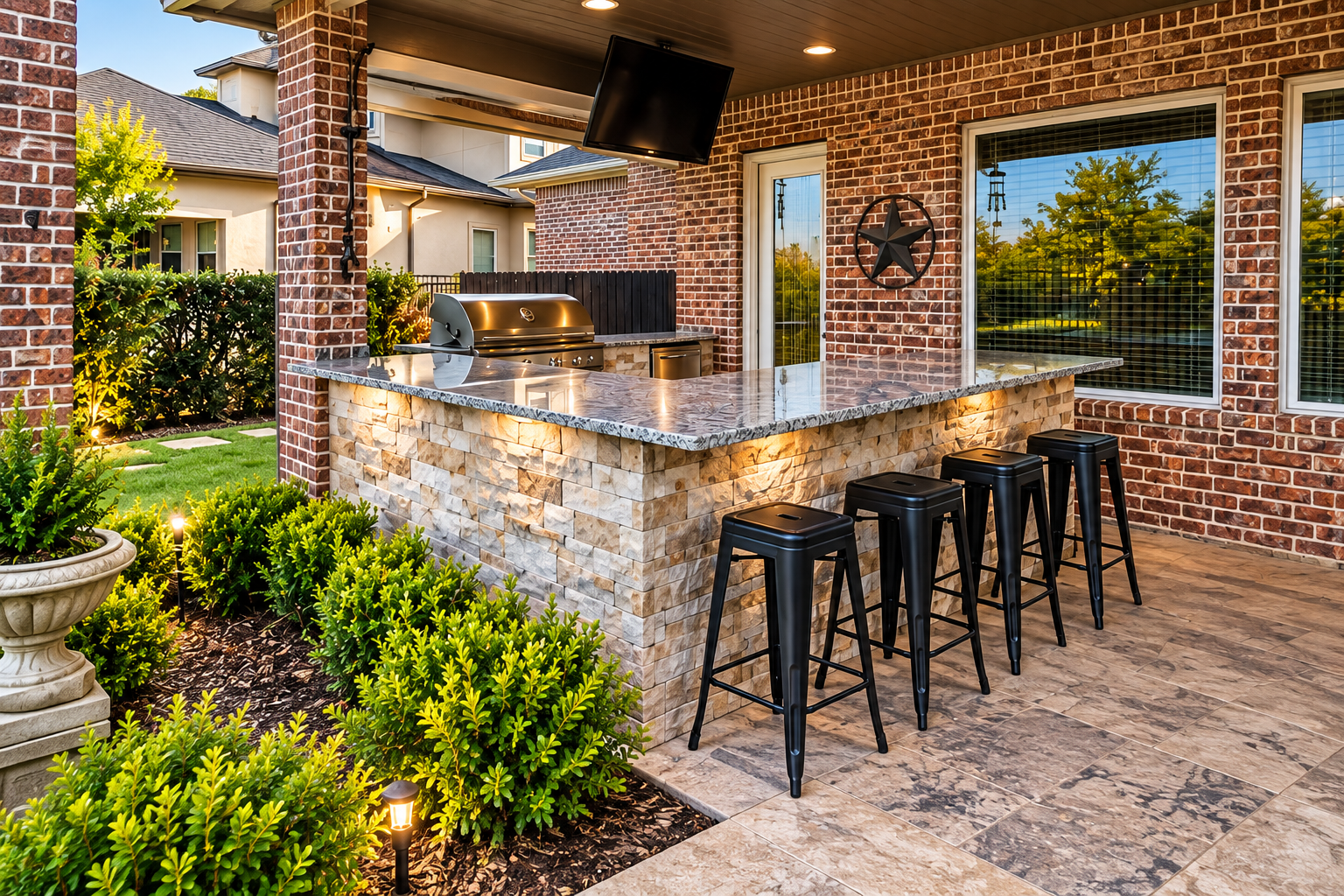 Design preview of a stone outdoor bar with grill and seating