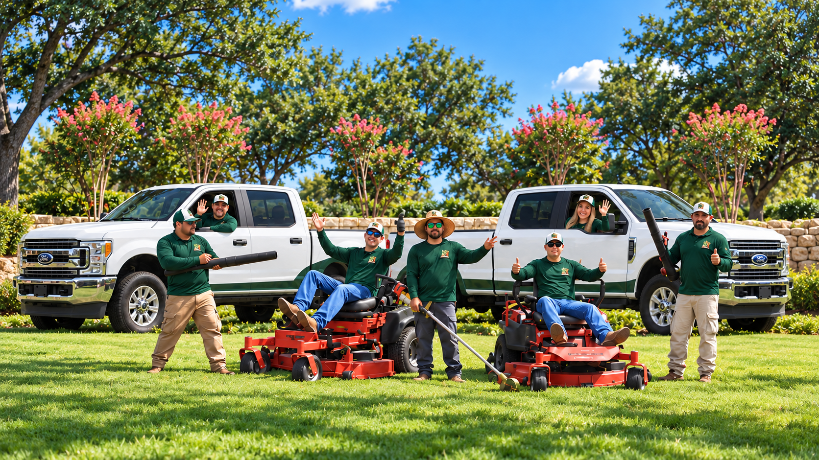Palm and Stone crew with branded trucks and lawn equipment