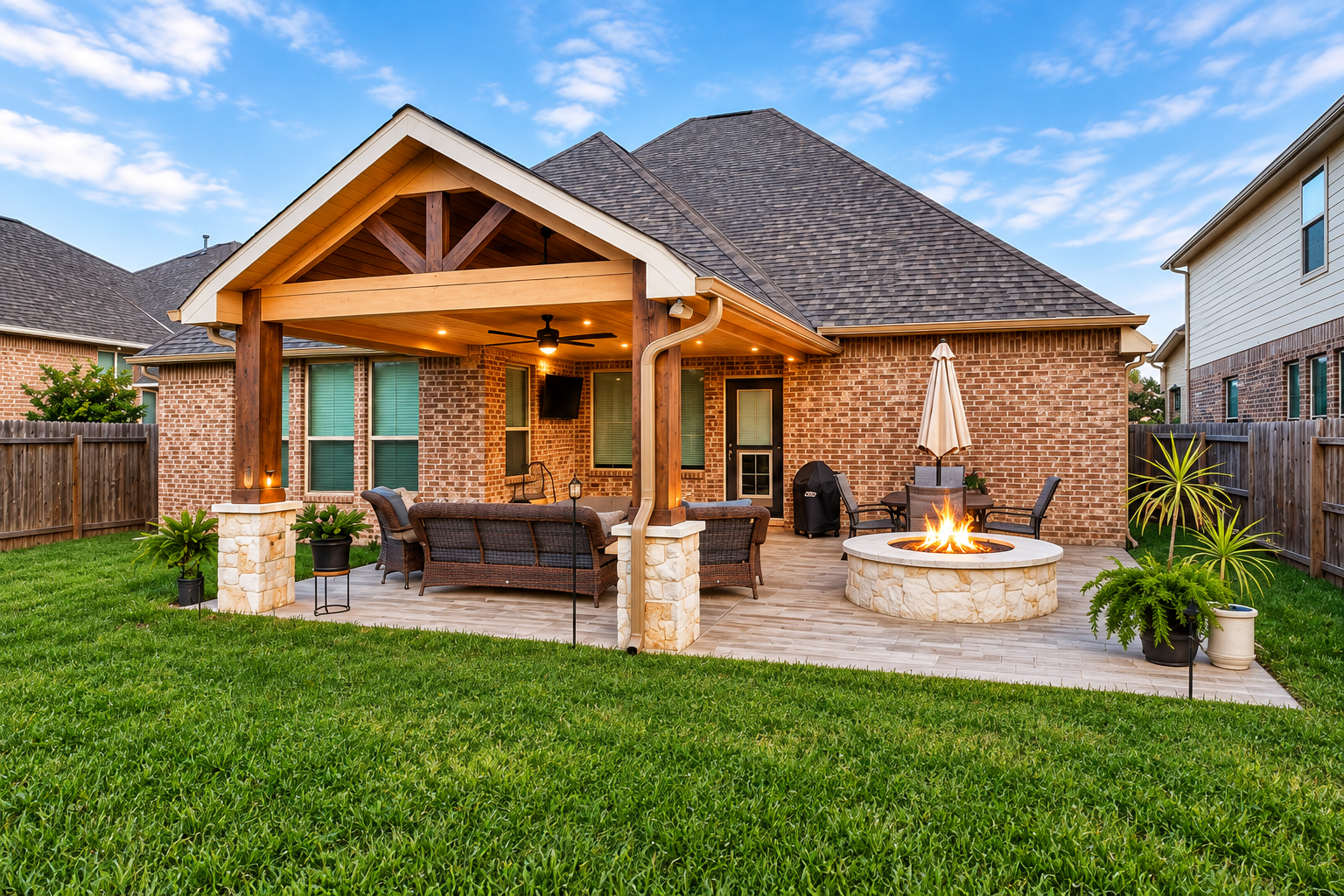 Design preview of a cedar patio cover and stone fire pit beside a brick home