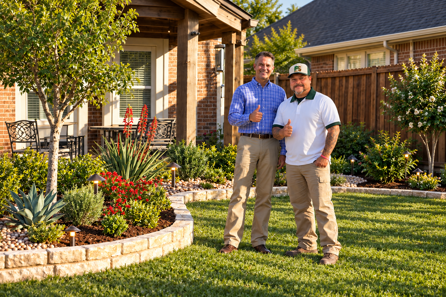 Design preview of a residential stone-bordered flowerbed with trees and landscape lighting